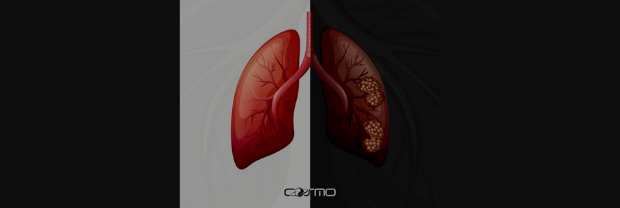 Illustration of healthy, vibrant lungs on the left side contrasted with polluted, diseased lungs on the right, symbolizing the impact of clean air and respiratory health on overall lung function. Designed by Cosmo Health.
